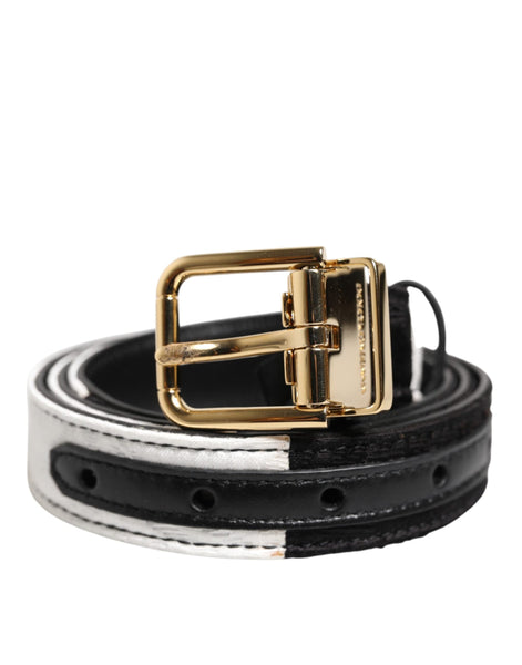 Dolce & Gabbana Black White Patchwork Gold Metal Buckle Belt Dolce & Gabbana