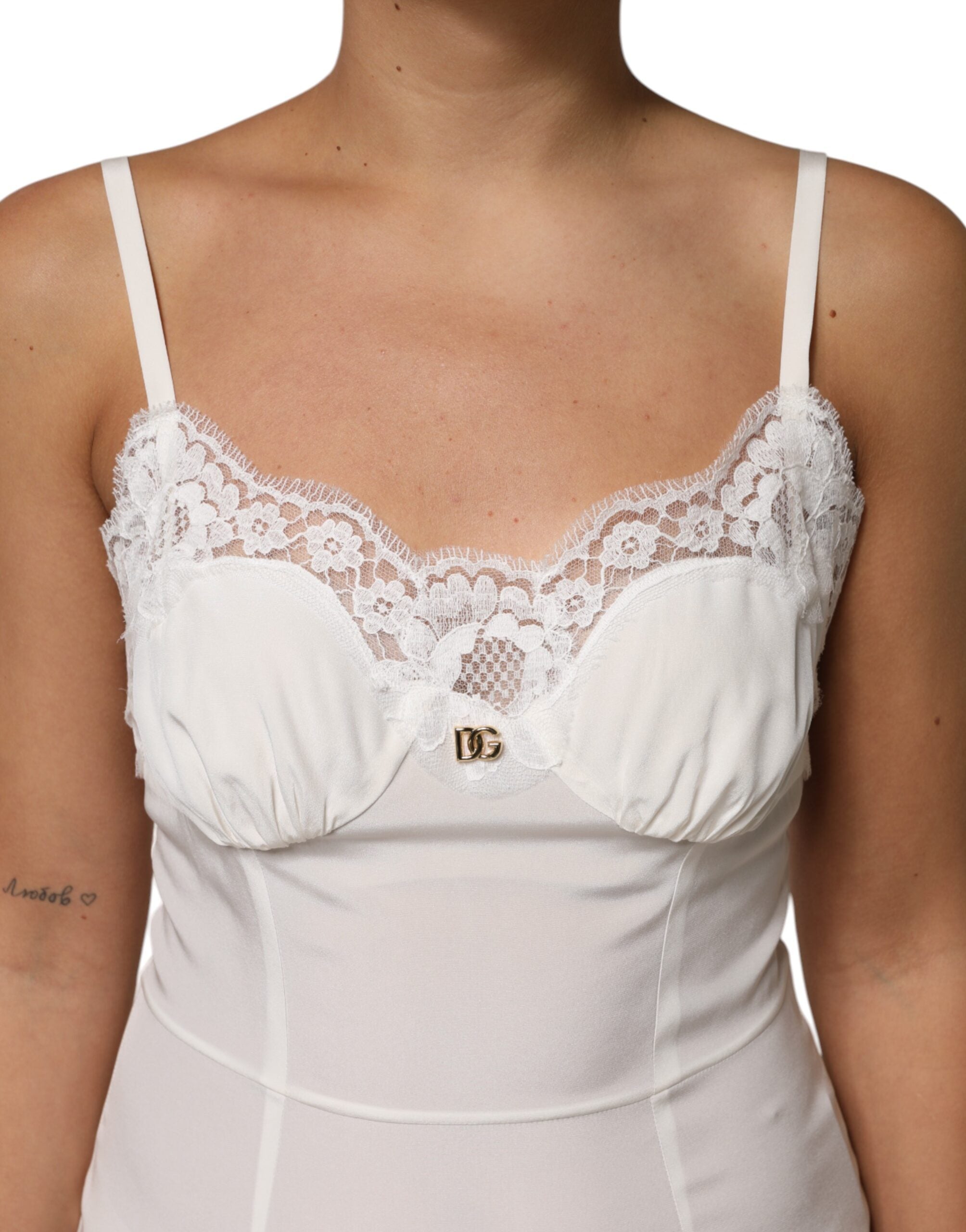 Dolce & Gabbana White Lace DG Logo Silk Dress Sleepwear Dolce & Gabbana
