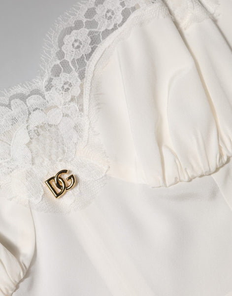 Dolce & Gabbana White Lace DG Logo Silk Dress Sleepwear Dolce & Gabbana