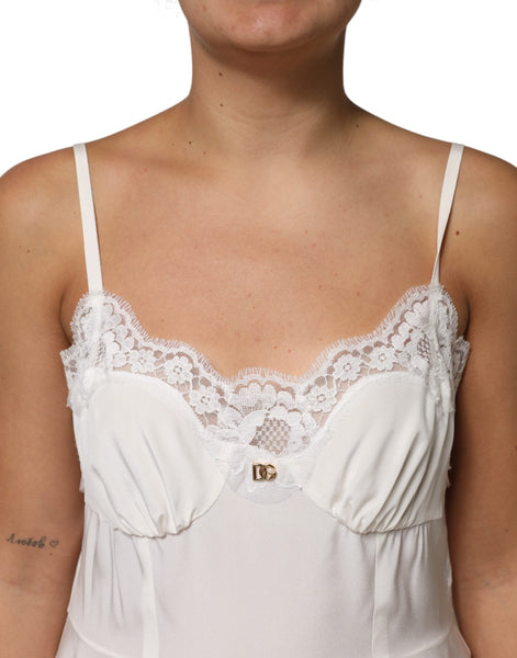 Dolce & Gabbana White Lace Gold DG Logo Silk Dress Sleepwear Dolce & Gabbana