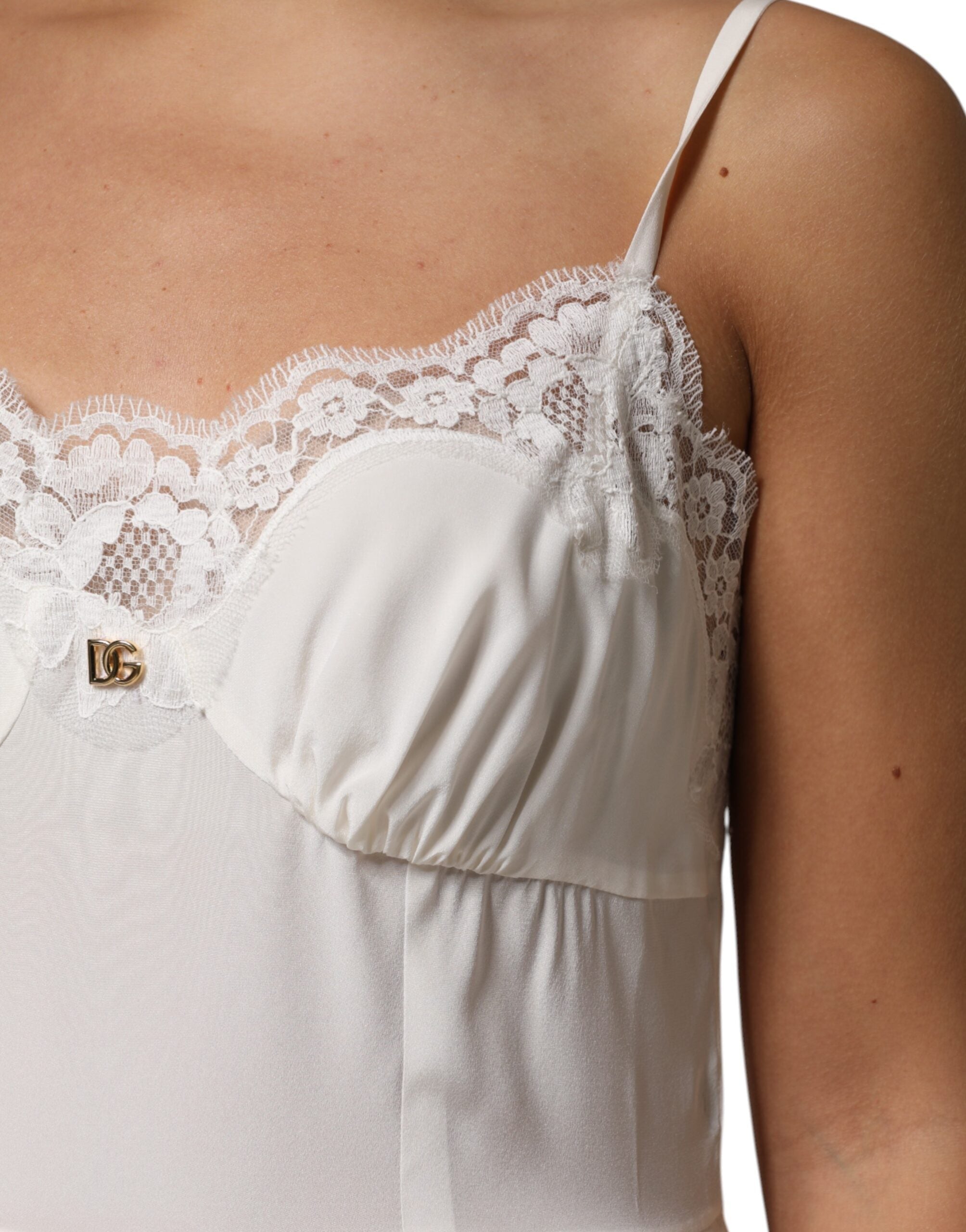 Dolce & Gabbana White Lace Gold DG Logo Silk Dress Sleepwear Dolce & Gabbana