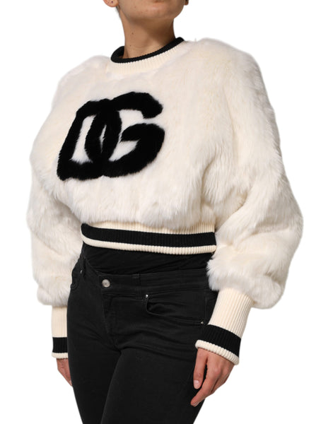 Dolce & Gabbana White Cropped Faux Fur DG Sweatshirt Sweater Dolce & Gabbana