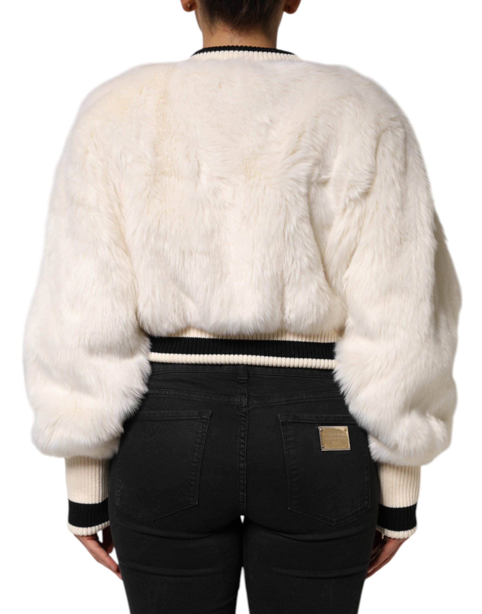 Dolce & Gabbana White Cropped Faux Fur DG Sweatshirt Sweater Dolce & Gabbana