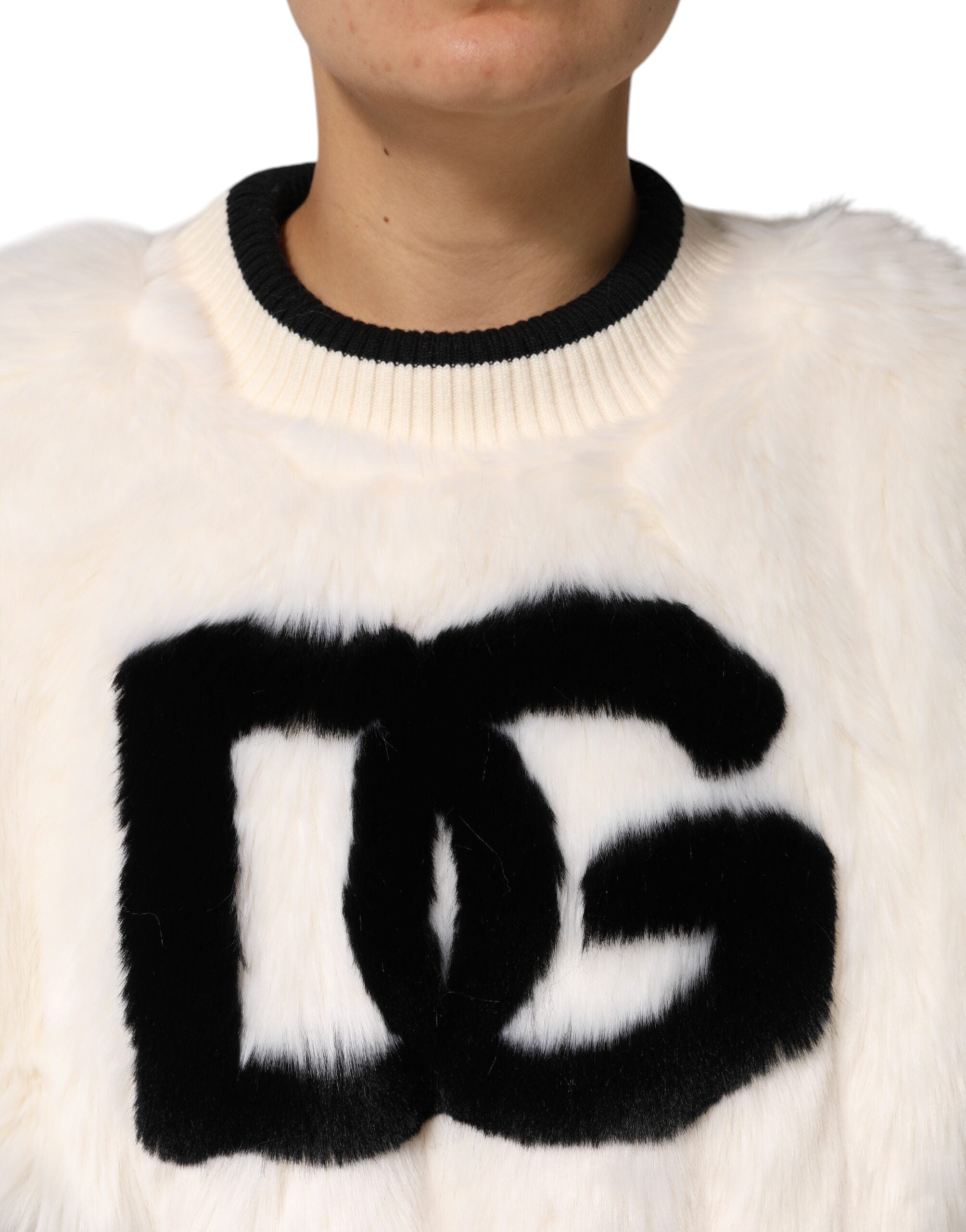 Dolce & Gabbana White Cropped Faux Fur DG Sweatshirt Sweater Dolce & Gabbana
