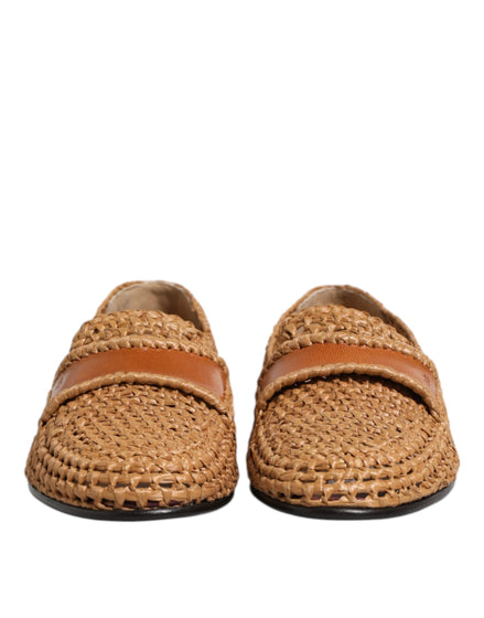 Dolce & Gabbana Brown Woven Raffia Slip On Loafers Shoes Dolce & Gabbana