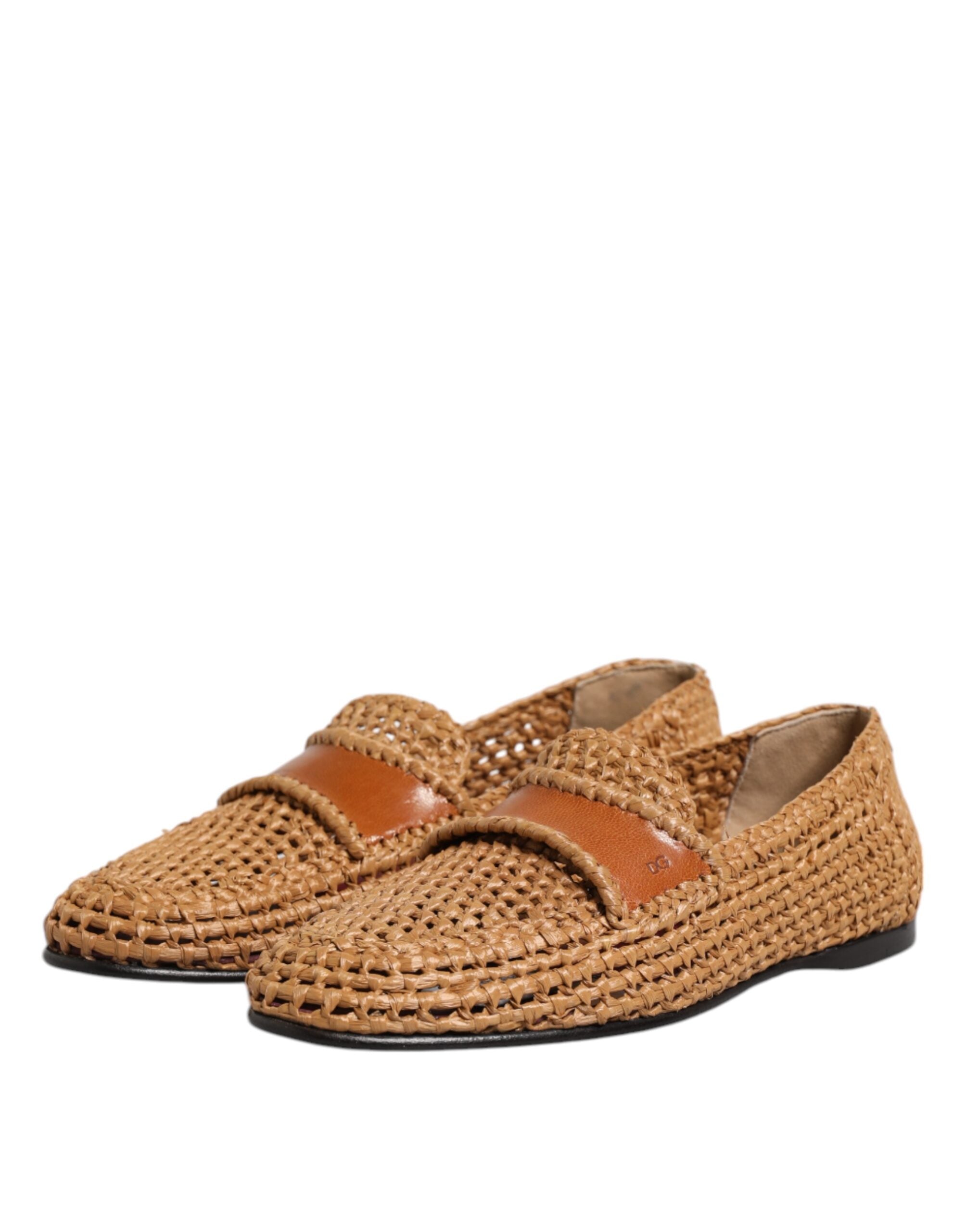 Dolce & Gabbana Brown Woven Raffia Slip On Loafers Shoes Dolce & Gabbana