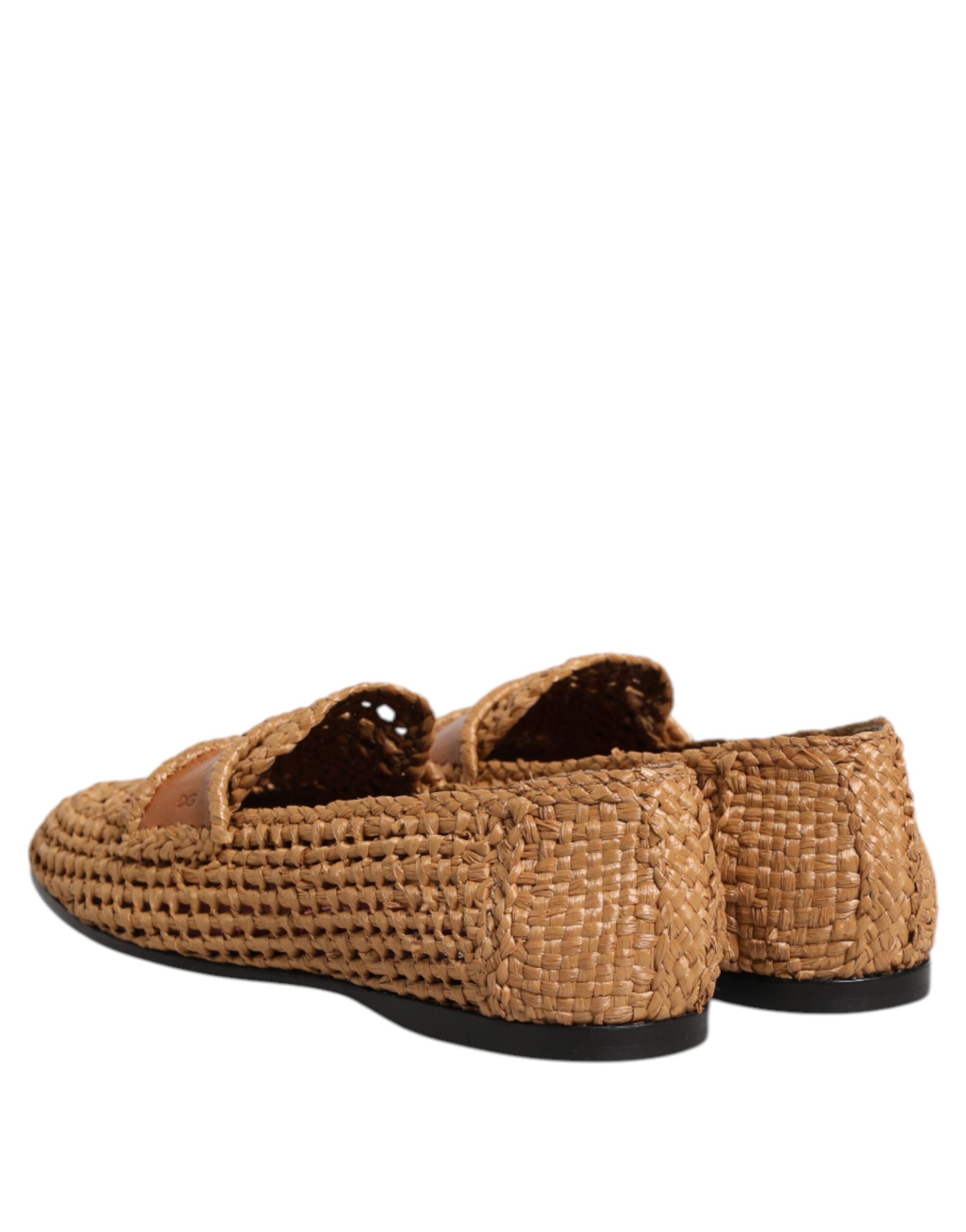 Dolce & Gabbana Brown Woven Raffia Slip On Loafers Shoes Dolce & Gabbana