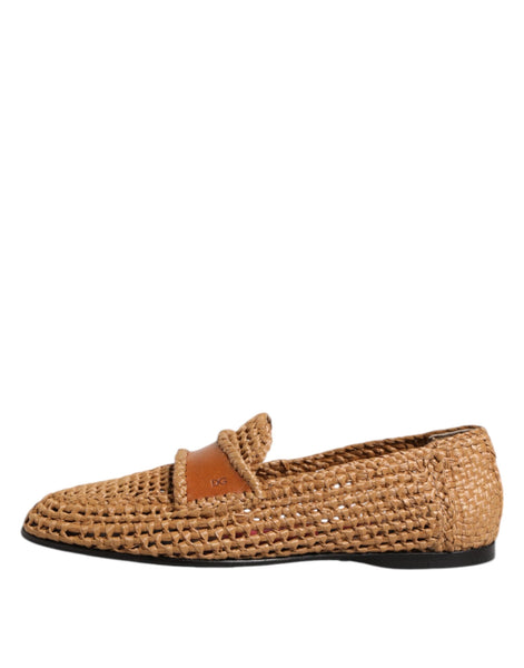 Dolce & Gabbana Brown Woven Raffia Slip On Loafers Shoes Dolce & Gabbana