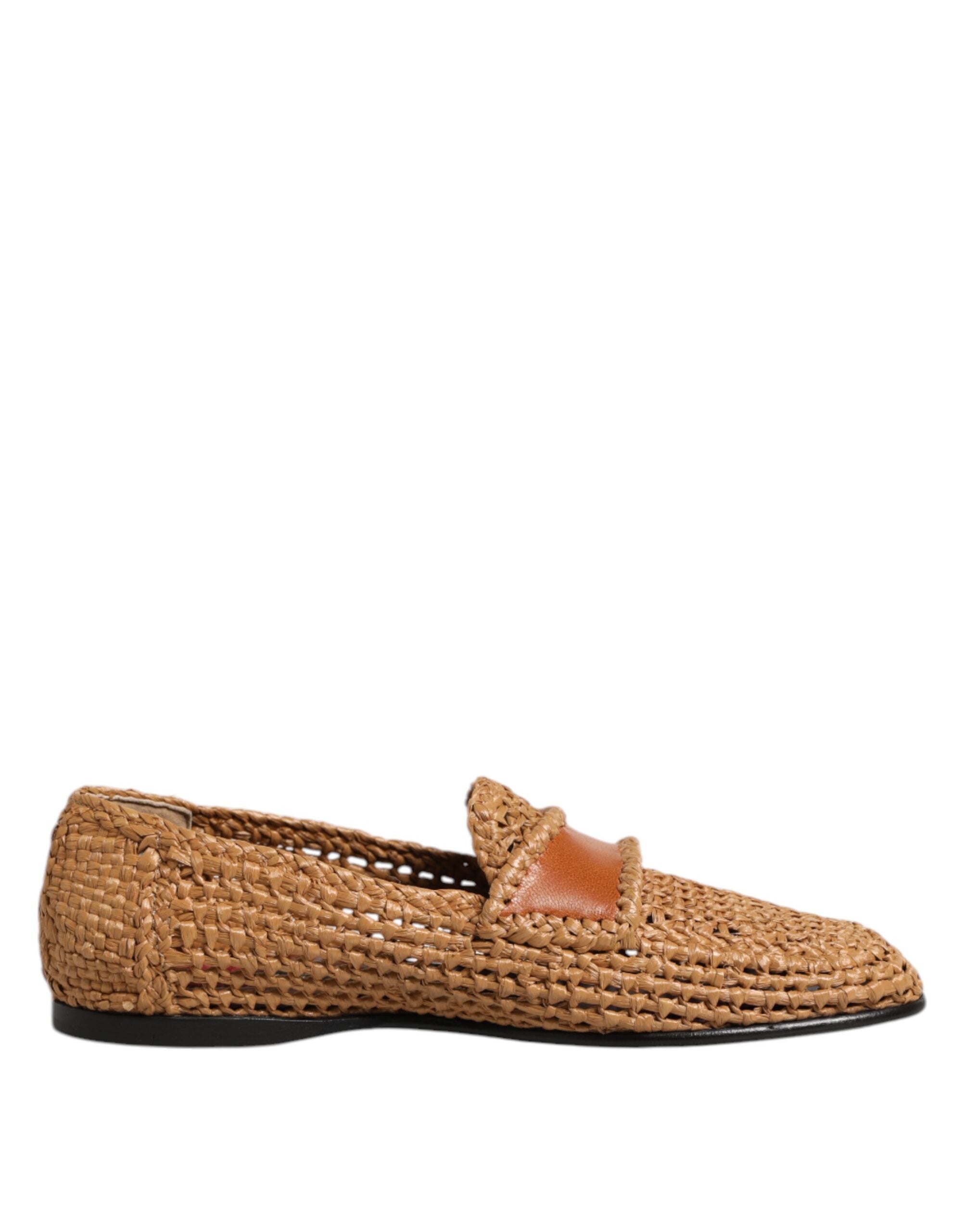 Dolce & Gabbana Brown Woven Raffia Slip On Loafers Shoes Dolce & Gabbana