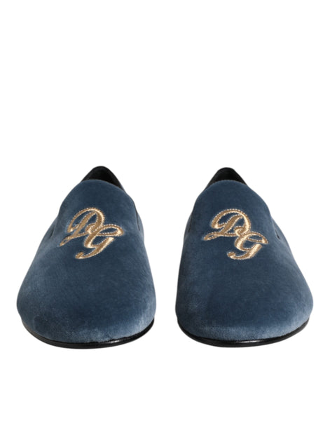Dolce & Gabbana Blue Velvet DG Logo Loafers Formal Shoes Dolce & Gabbana