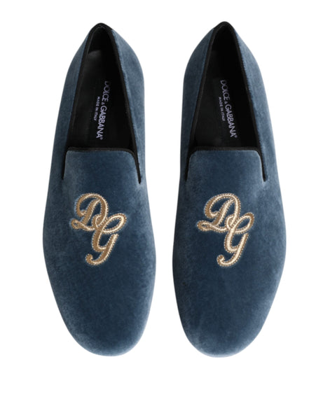 Dolce & Gabbana Blue Velvet DG Logo Loafers Formal Shoes Dolce & Gabbana