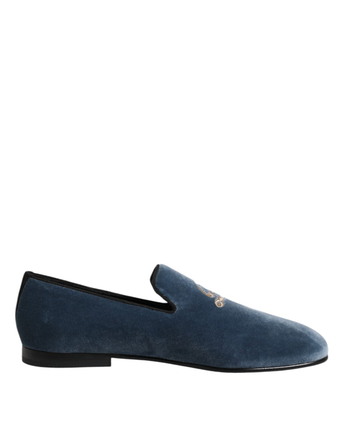 Dolce & Gabbana Blue Velvet DG Logo Loafers Formal Shoes Dolce & Gabbana