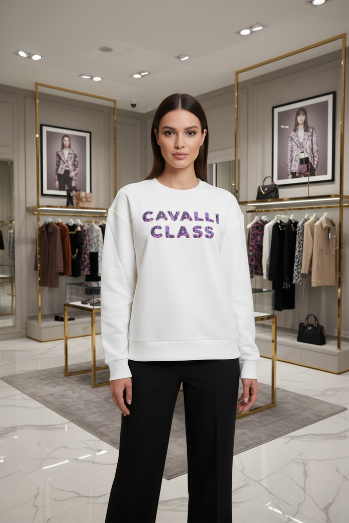 Cavalli Class Bianco Cotton Women Sweatshirt Cavalli Class