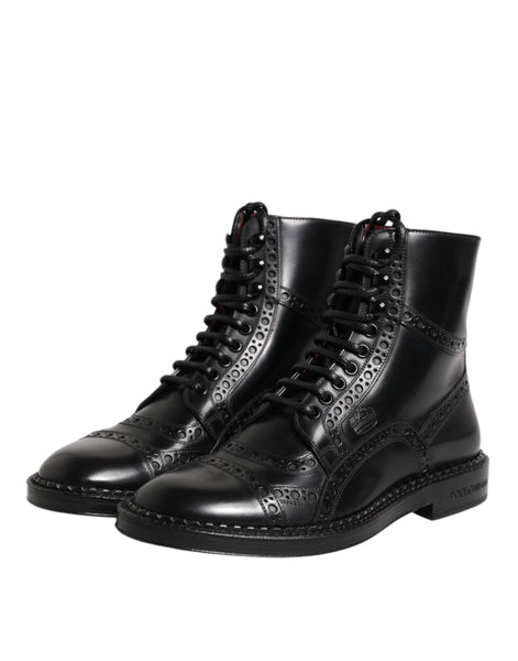 Dolce & Gabbana Black Leather Lace Up Mid Calf Boots Shoes Dolce & Gabbana