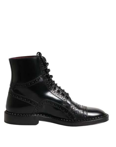 Dolce & Gabbana Black Leather Lace Up Mid Calf Boots Shoes Dolce & Gabbana