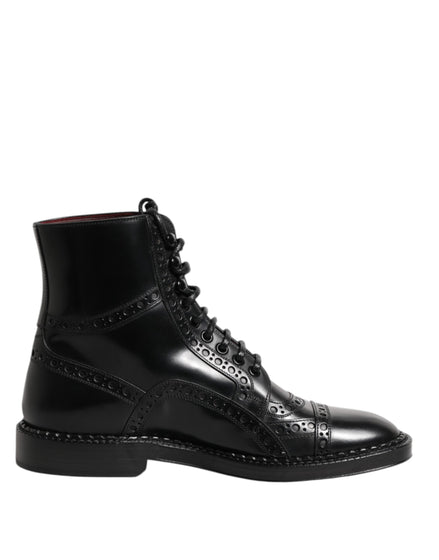 Dolce & Gabbana Black Leather Lace Up Mid Calf Boots Shoes Dolce & Gabbana