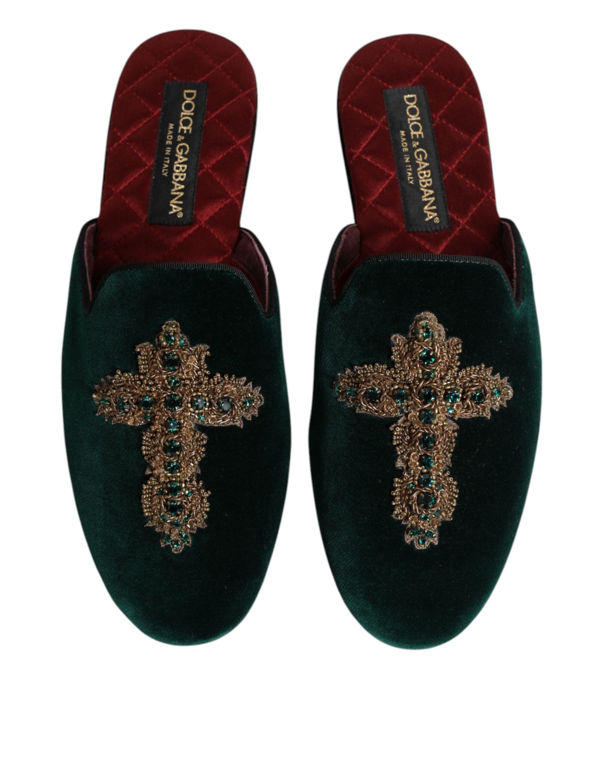 Dolce & Gabbana Green Velvet Cross Embellished Slippers Shoes Dolce & Gabbana