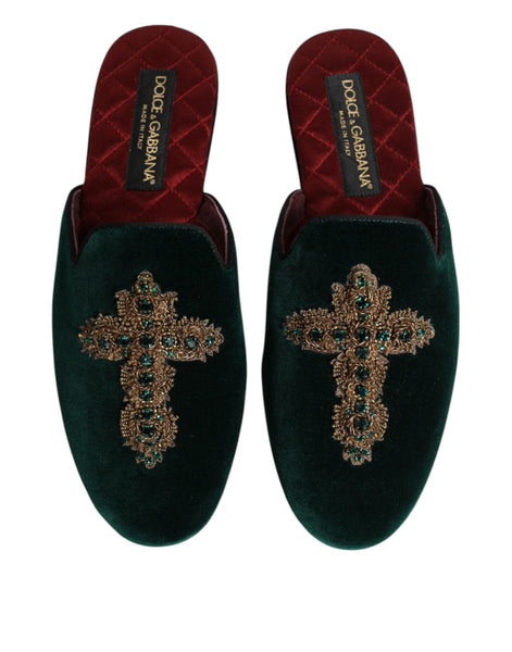 Dolce & Gabbana Green Velvet Cross Embellished Slippers Shoes Dolce & Gabbana