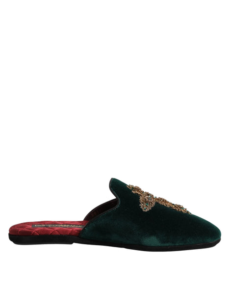 Dolce & Gabbana Green Velvet Cross Embellished Slippers Shoes Dolce & Gabbana