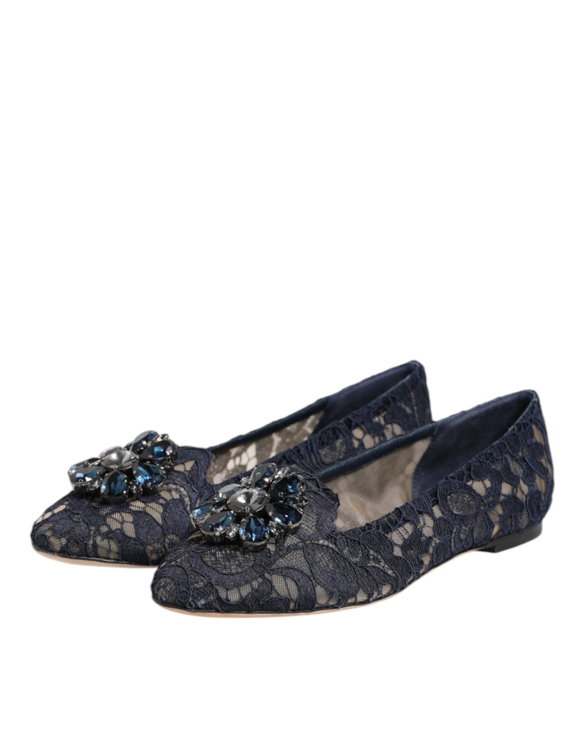 Dolce & Gabbana Blue Taormina Lace Crystals Flats Shoes Dolce & Gabbana