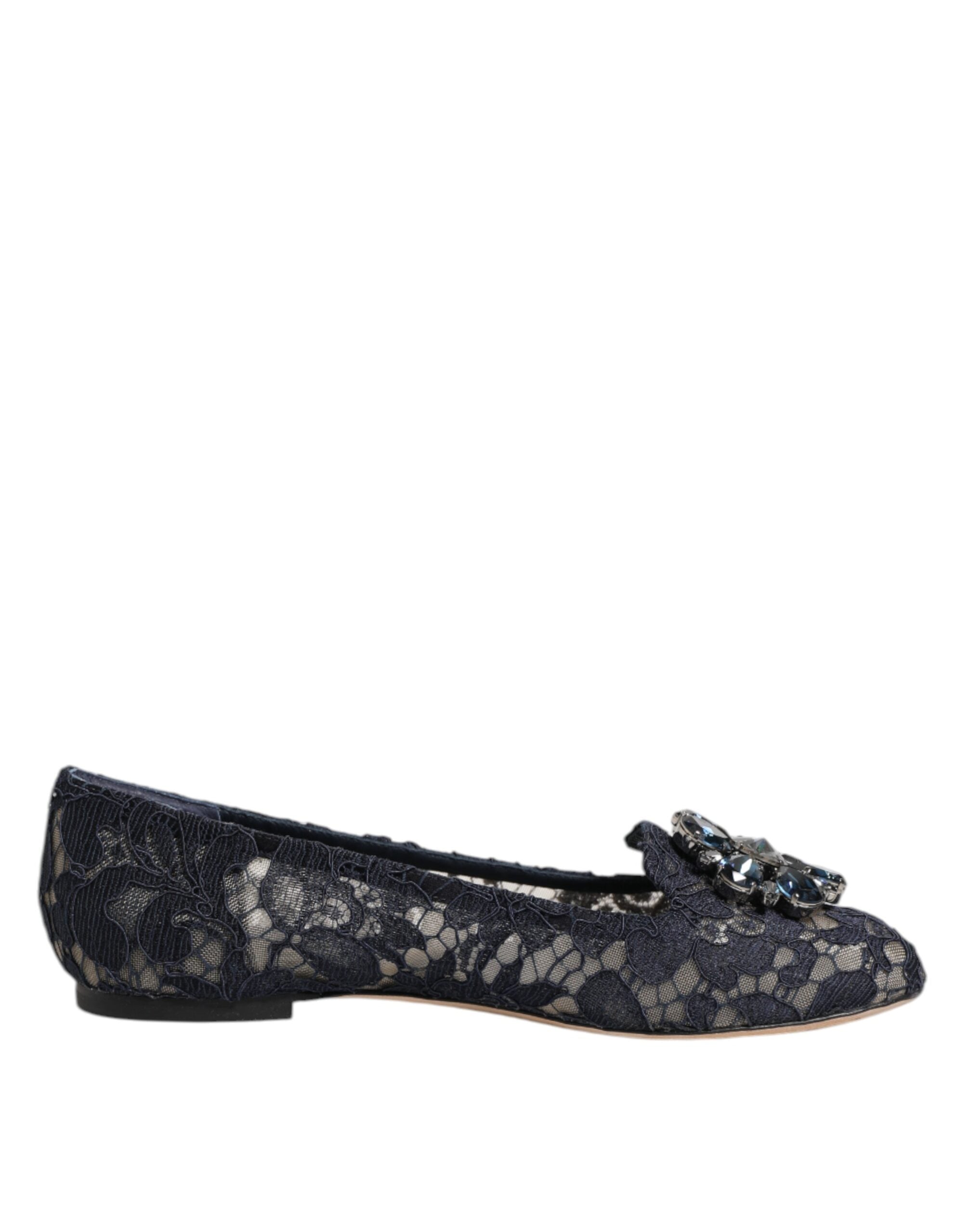 Dolce & Gabbana Blue Taormina Lace Crystals Flats Shoes Dolce & Gabbana