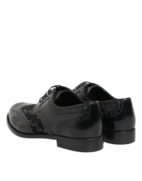 Dolce & Gabbana Black Leather Floral Lace Dress Formal  Shoes Dolce & Gabbana