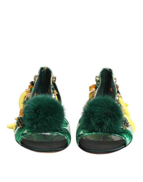 Dolce & Gabbana Green Mink Fur Satin Banana Leaf Sandals Shoes Dolce & Gabbana