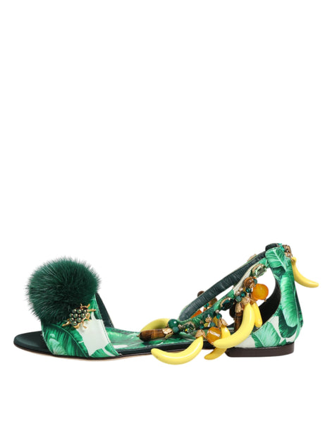 Dolce & Gabbana Green Mink Fur Satin Banana Leaf Sandals Shoes Dolce & Gabbana