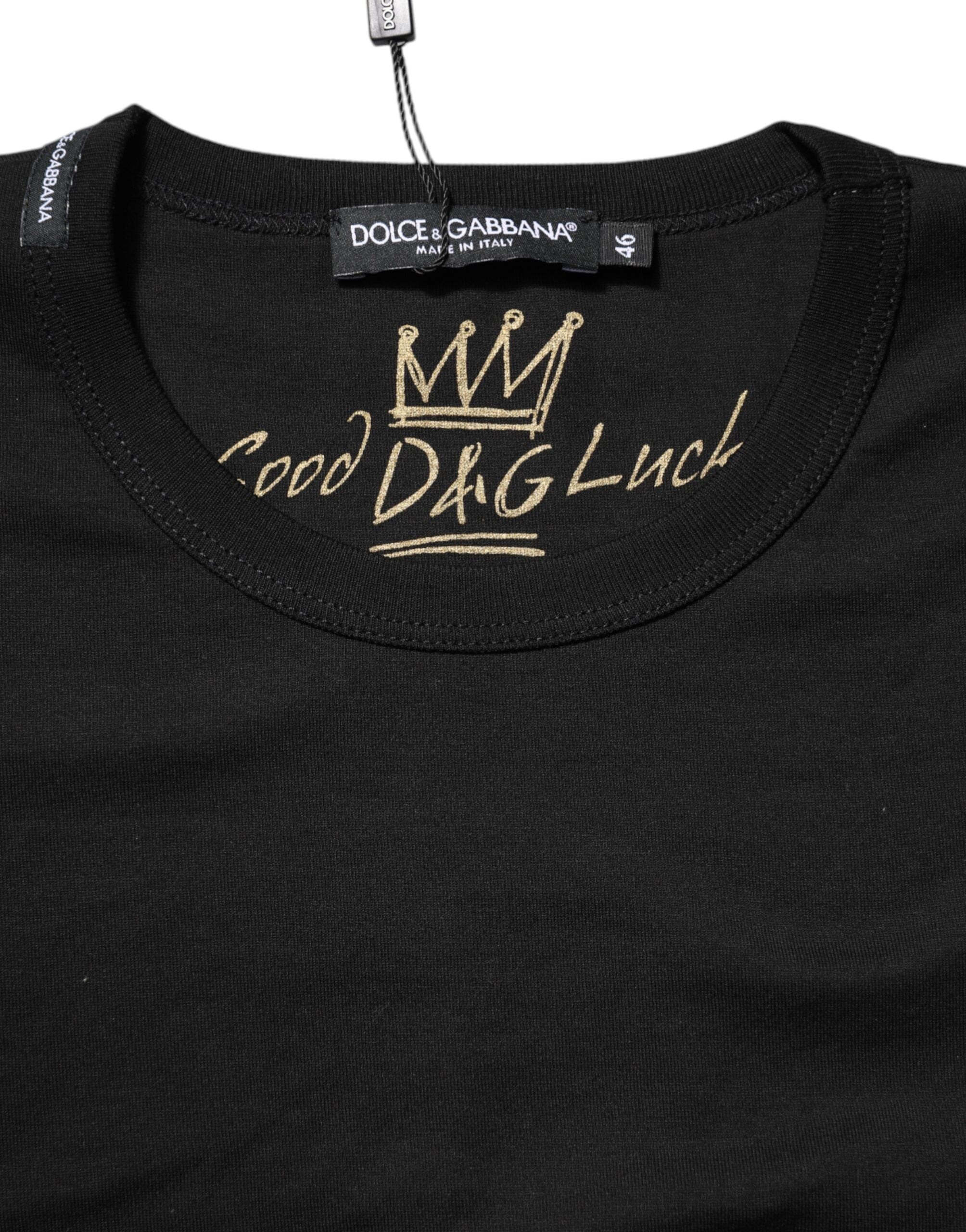 Dolce & Gabbana Black Cotton Goodluck Tee Crew Neck T-shirt Dolce & Gabbana