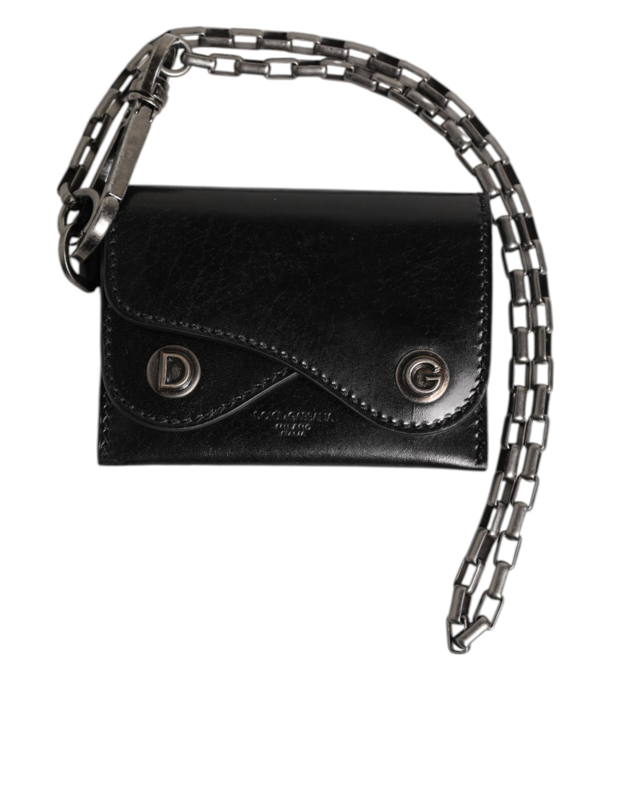 Dolce & Gabbana Black Cavallo Leather Wallet Chain Snap Bifold Card Holder Dolce & Gabbana