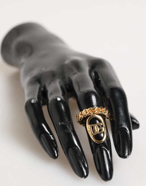 Dolce & Gabbana Gold Tone Brass Oval DG Logo Chain Adjustable Ring Dolce & Gabbana