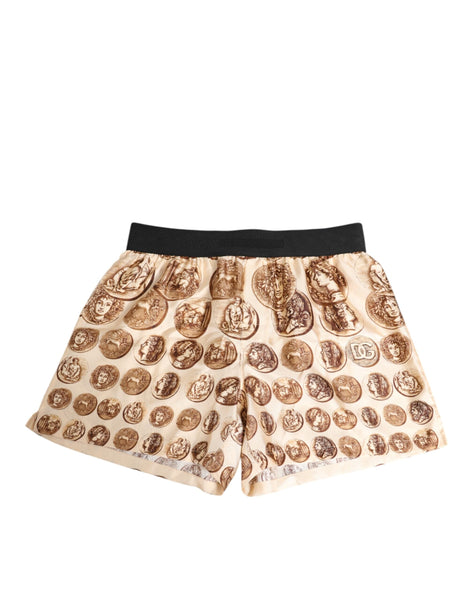 Dolce & Gabbana Brown Ancient Coin Print Silk Shorts Swimwear Dolce & Gabbana