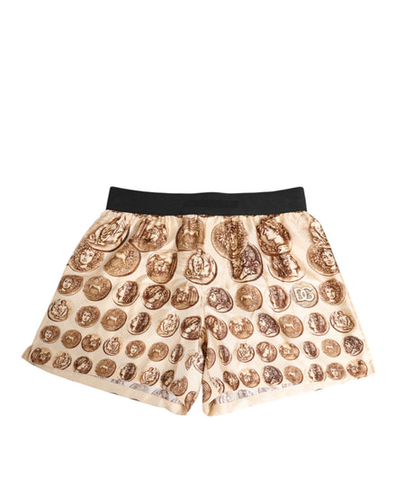 Dolce & Gabbana Brown Ancient Coin Print Silk Shorts Swimwear Dolce & Gabbana