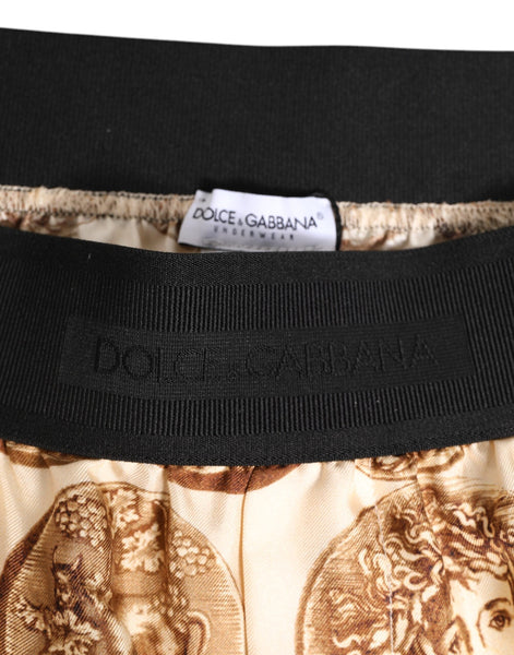 Dolce & Gabbana Brown Ancient Coin Print Silk Shorts Swimwear Dolce & Gabbana