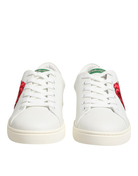 Dolce & Gabbana White Leather Rose Embroidery Low-Top  Shoes Dolce & Gabbana