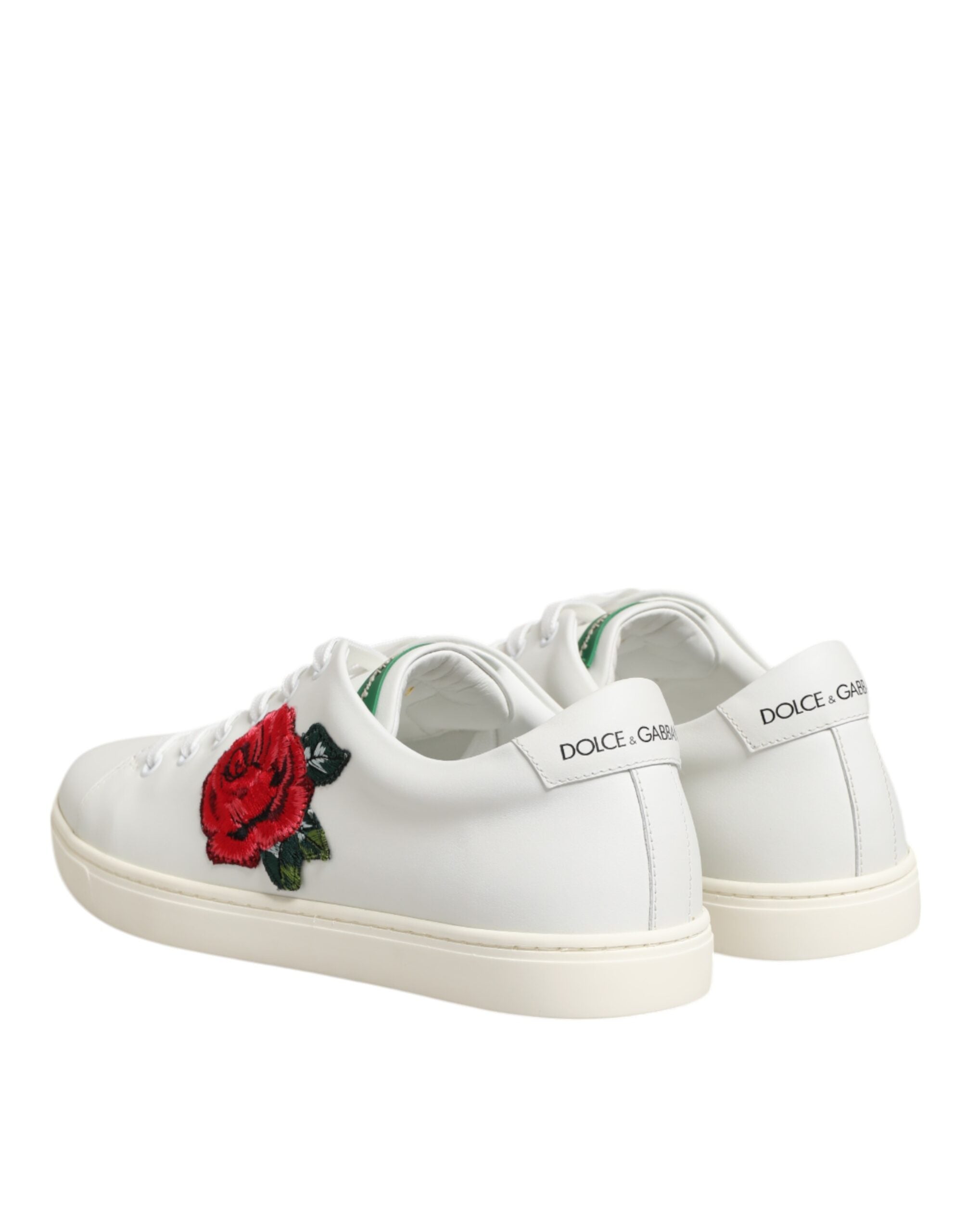 Dolce & Gabbana White Leather Rose Embroidery Low-Top  Shoes Dolce & Gabbana