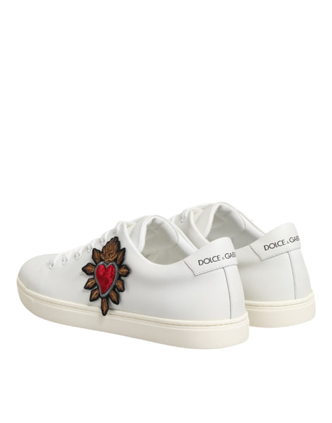 Dolce & Gabbana White Leather Sacre Heart Patch Sneakers  Shoes Dolce & Gabbana