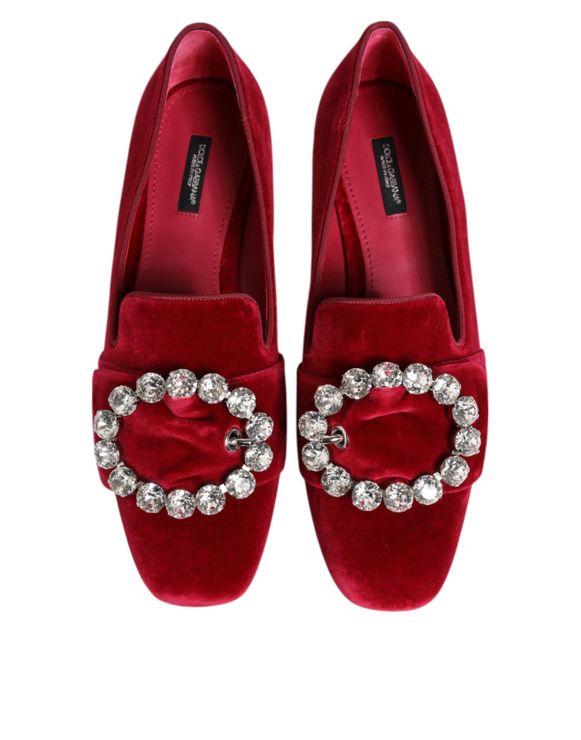 Dolce & Gabbana Red Velvet Crystal Buckle Loafers Flats Shoes Dolce & Gabbana