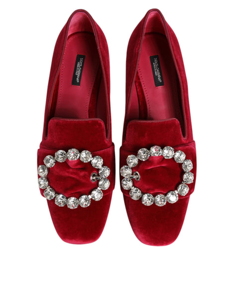 Dolce & Gabbana Red Velvet Crystal Buckle Loafers Flats Shoes Dolce & Gabbana