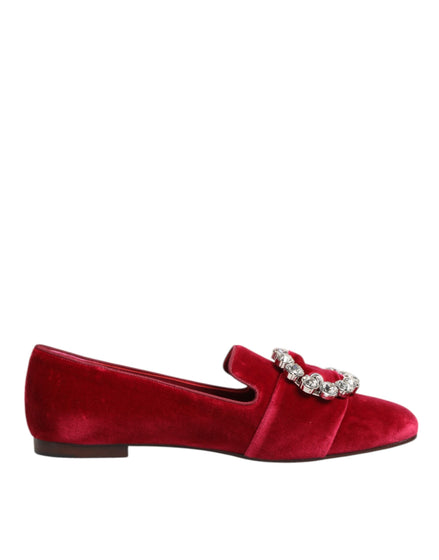 Dolce & Gabbana Red Velvet Crystal Buckle Loafers Flats Shoes Dolce & Gabbana