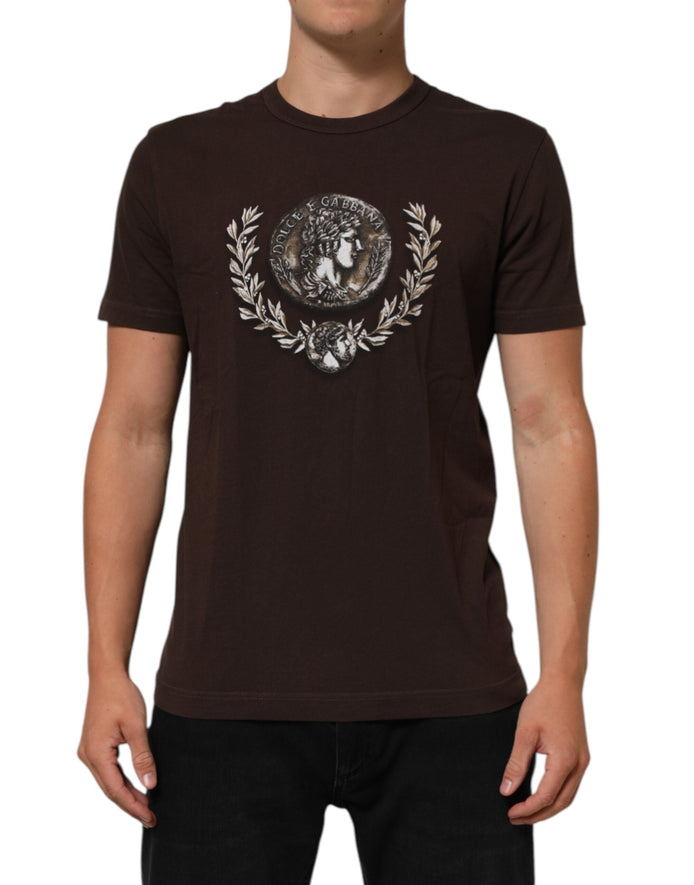 Dolce & Gabbana Brown Coin Laurel Print Men Crew Neck T-shirt Dolce & Gabbana