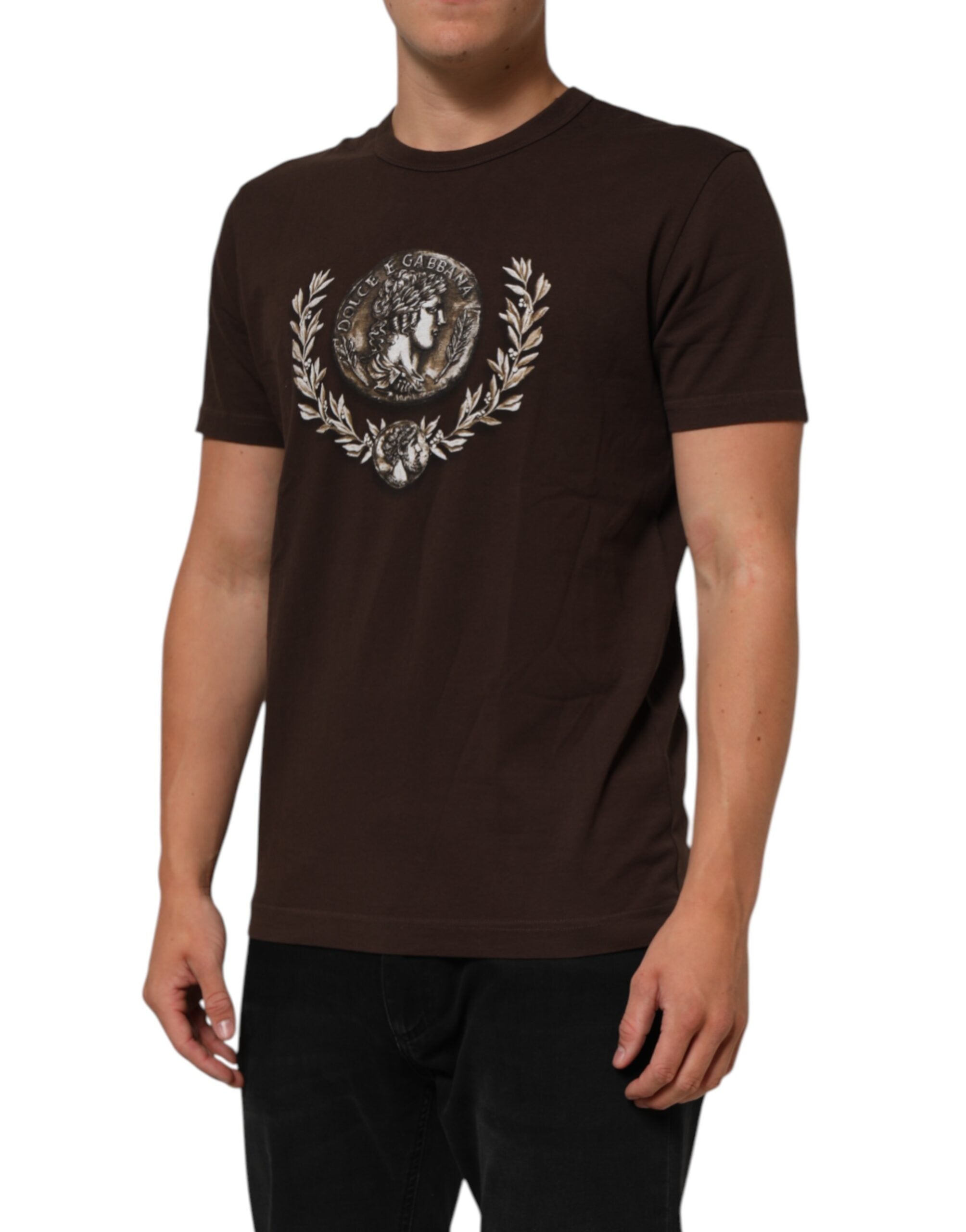 Dolce & Gabbana Brown Coin Laurel Print Men Crew Neck T-shirt Dolce & Gabbana
