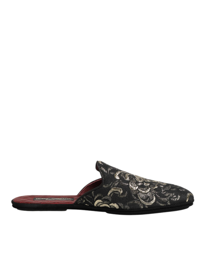 Dolce & Gabbana Black Floral Jacquard Slides Slippers Shoes Dolce & Gabbana