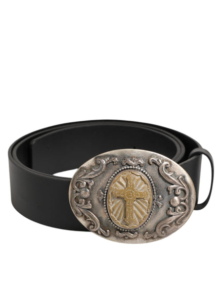 Dolce & Gabbana Black Leather Ornate Metal Buckle Men Belt Dolce & Gabbana