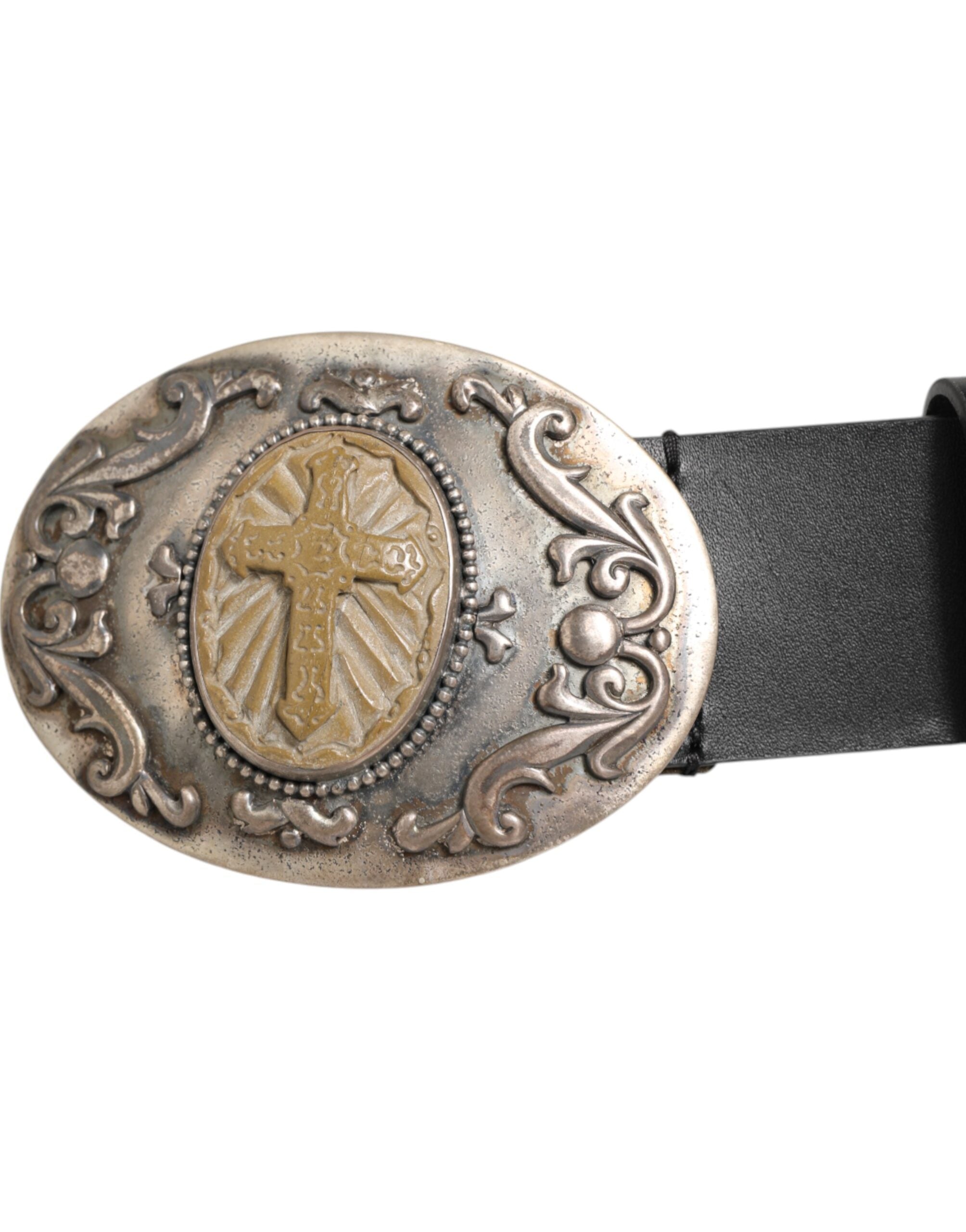 Dolce & Gabbana Black Leather Ornate Metal Buckle Men Belt Dolce & Gabbana