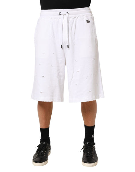 Dolce & Gabbana White Cotton Ripped Bermuda Sweatpants Shorts Dolce & Gabbana