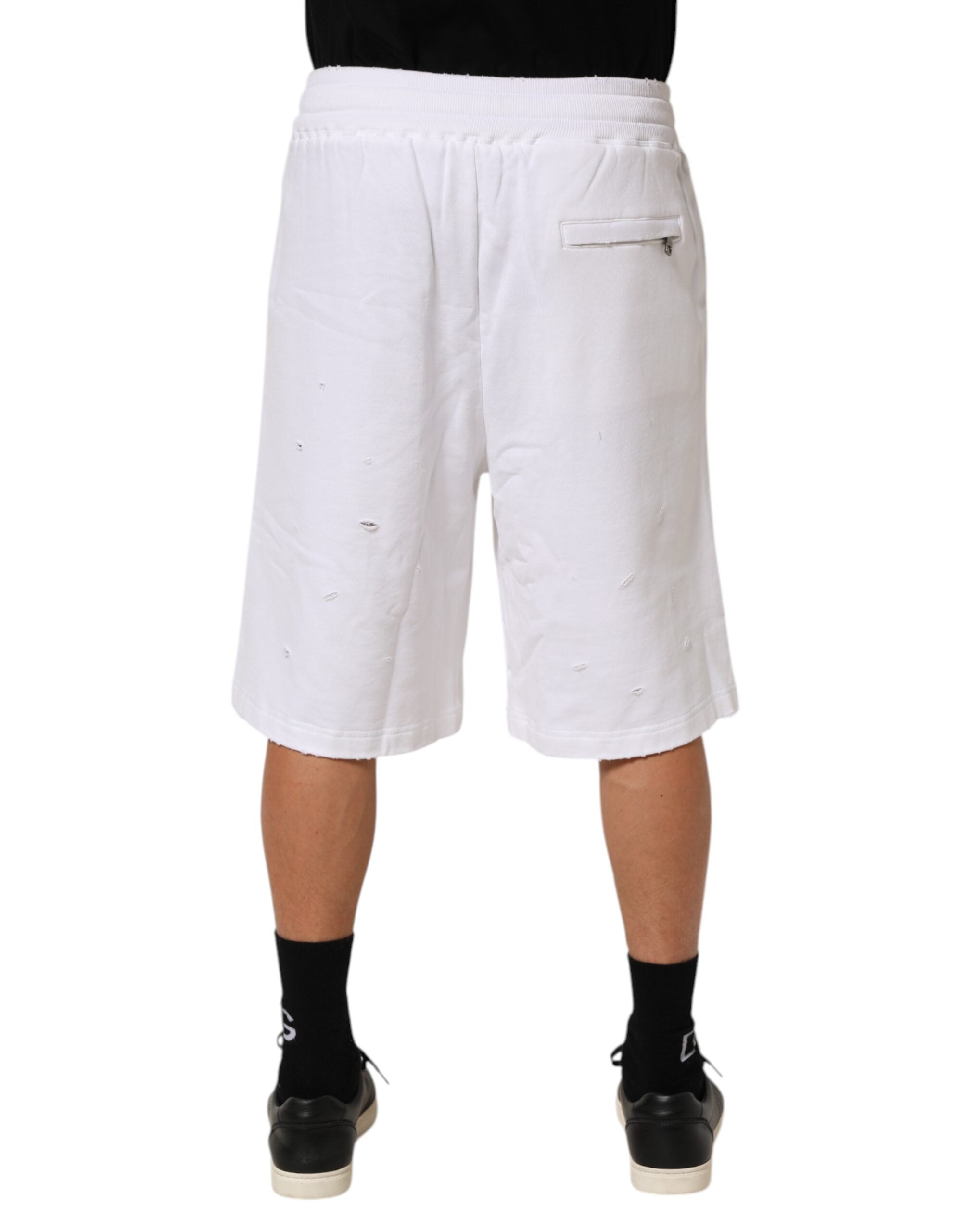 Dolce & Gabbana White Cotton Ripped Bermuda Sweatpants Shorts Dolce & Gabbana