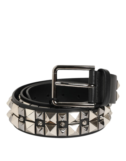 Dolce & Gabbana Black Calf Leather Studded Silver Buckle Belt