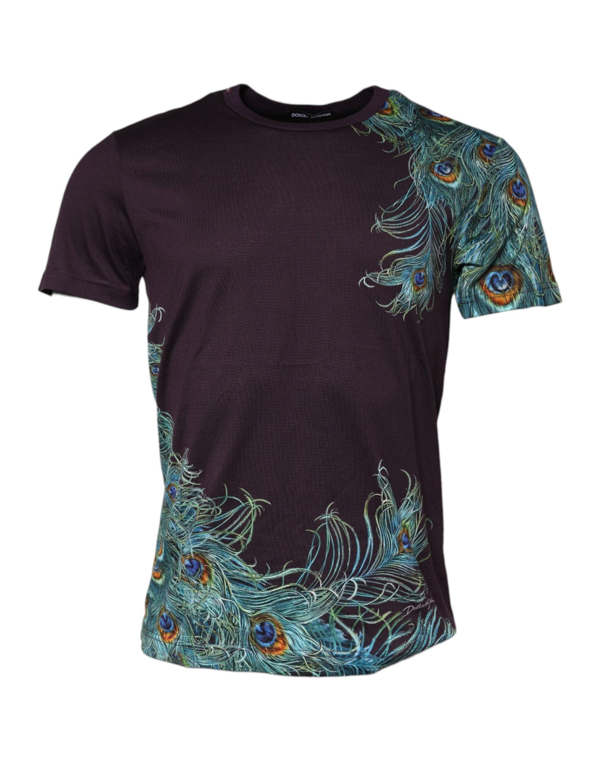 Dolce & Gabbana Violet Peacock Feather Men Crew Neck T-Shirt Dolce & Gabbana