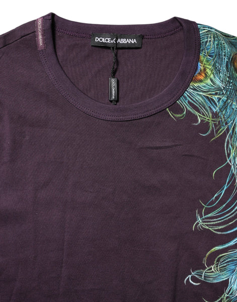 Dolce & Gabbana Violet Peacock Feather Men Crew Neck T-Shirt Dolce & Gabbana